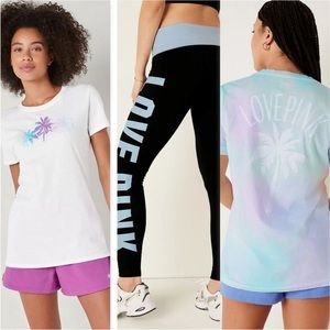 VICTORIA’SSECRET PINK TEE SHIRT PALM TYE DYE BLING PALM SHINE LOGO LEGGINGS